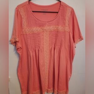 Woman Within Coral Lace Trim Baby Doll Top 1X Spring